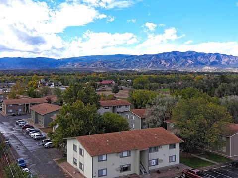 an aerial view of houses in a neighborhood with mountains in the background