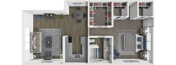 a 3d rendering of a bedroom with a bathroom and a living room