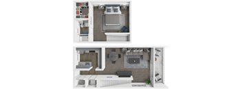 a 3d rendering of a living room and a floor plan of a house