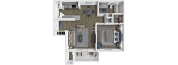 a 3d drawing of a floor plan with a bedroom and a living room