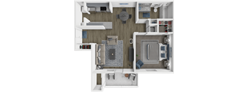a 3d rendering of a floor plan with a bedroom and a living room