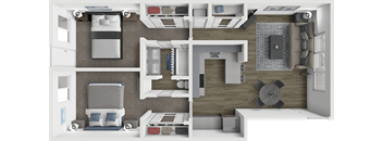 a rendering of the 1 bedroom floor plan with a bathroom and a living room