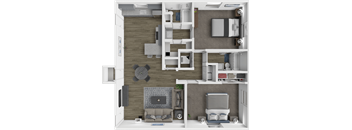 a 3d drawing of a furnished floor plan with a fireplace