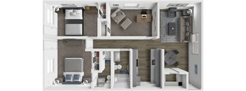 a 3d drawing of a bedroom with a living room and a kitchen