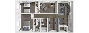 a 3d rendering of a bedroom and living room