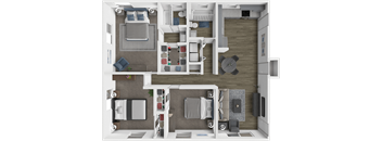 a 3d rendering of a floor plan with a bedroom and a living room