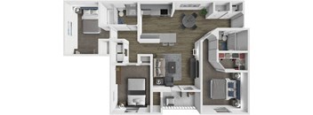 the aerial view of a 1 bedroom floor plan with a kitchen and a living room