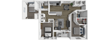 a 3d rendering of a floor plan with a bedroom and a living room