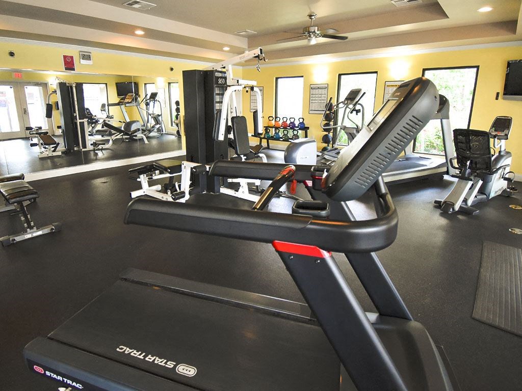 a gym with a treadmill and other exercise equipment