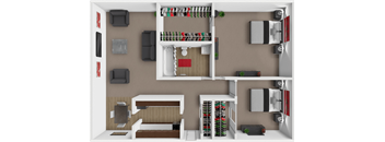 A 3D rendered image of a small apartment layout.