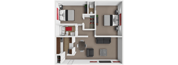 A 3D floor plan of a house showing a kitchen, living room, and two bedrooms.