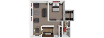 A 3D rendered image of a small apartment layout with a bedroom, living room, and kitchen.