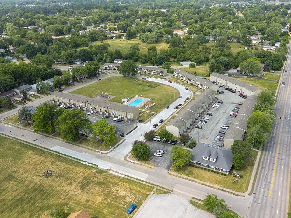 an aerial view of a parking lot