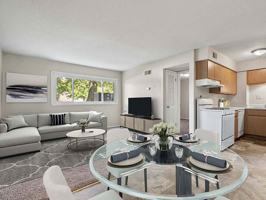 One bedroom with living room and dining room area