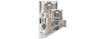A 3D floor plan of a small apartment with a kitchen, living room, and bedroom.