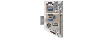 A 3D floor plan of a small apartment with two bedrooms and a living area.