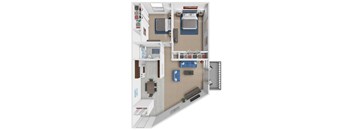 A 3D floor plan of a small apartment with two bedrooms and a living area.