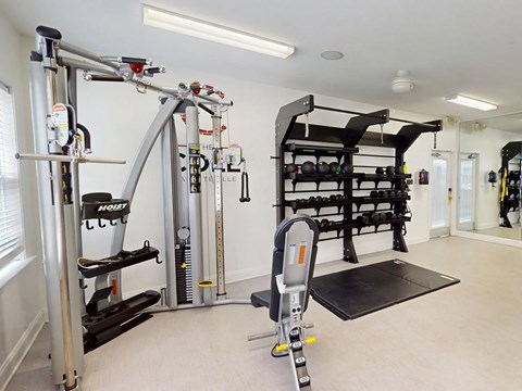 A home gym with a variety of equipment including a squat rack, bench, and weightlifting machines.
