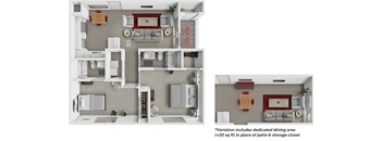 A floor plan of a house with a kitchen, living room, and dining area.