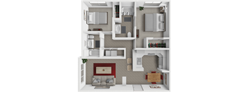 A 3D rendered image of a modern apartment layout.