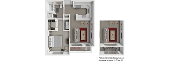 A 3D floor plan of a house showing the layout of the rooms.