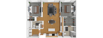 A 3D floor plan of a house showing a living room, kitchen, and two bedrooms.