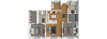 A 3D floor plan of a modern apartment with a living room, kitchen, and two bedrooms.