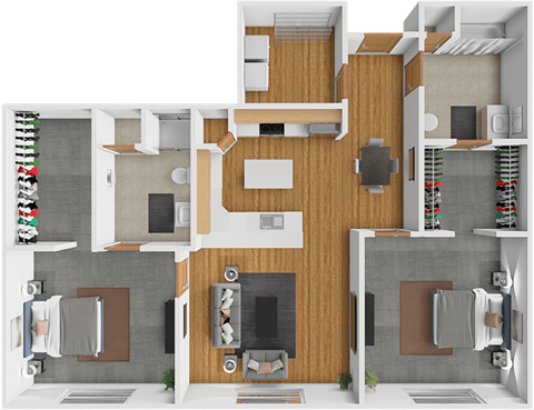 A 3D floor plan of a modern apartment with a living room, kitchen, and two bedrooms.
