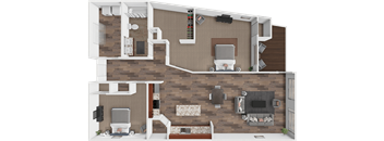 A 3D rendered image of a house layout.