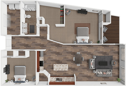 A 3D rendered image of a house layout.