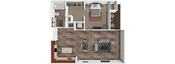 A top-down view of a living room with a fireplace and a couch.
