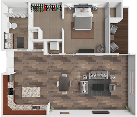 A top-down view of a living room with a fireplace and a couch.