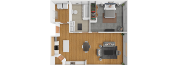 A top and bottom view of a modern, minimalist bedroom with a wooden floor and furniture.