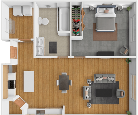 A top and bottom view of a modern, minimalist bedroom with a wooden floor and furniture.