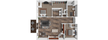 A top-down view of a living room with a fireplace and a couch.
