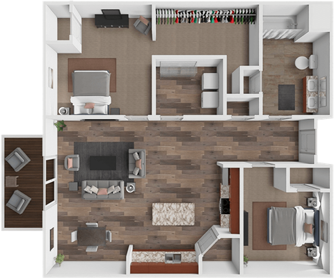 A top-down view of a living room with a fireplace and a couch.