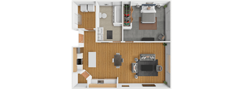 A top-down view of a modern apartment with a living room, kitchen, and bathroom.