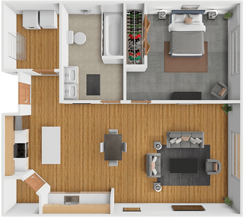 A top-down view of a modern apartment with a living room, kitchen, and bathroom.