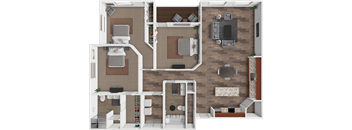 A 3D rendered image of a house layout.