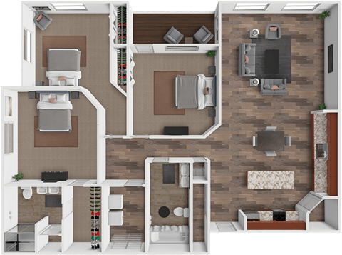 A 3D rendered image of a house layout.