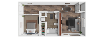 A modern bathroom with a wooden wall and a walk-in shower.