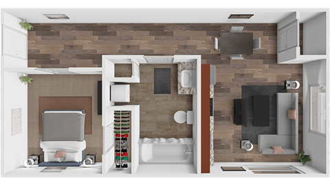 A modern bathroom with a wooden wall and a walk-in shower.