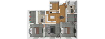 A 3D rendered image of a house layout.