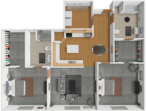 A 3D rendered image of a house layout.