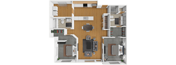 A top-down view of a house layout with a central living area, two bedrooms, a kitchen, and a bathroom.