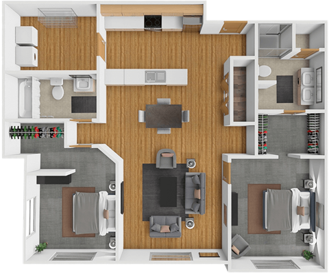 A top-down view of a house layout with a central living area, two bedrooms, a kitchen, and a bathroom.