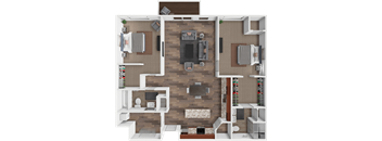 A top-down view of a living room with a fireplace, couches, and a TV.