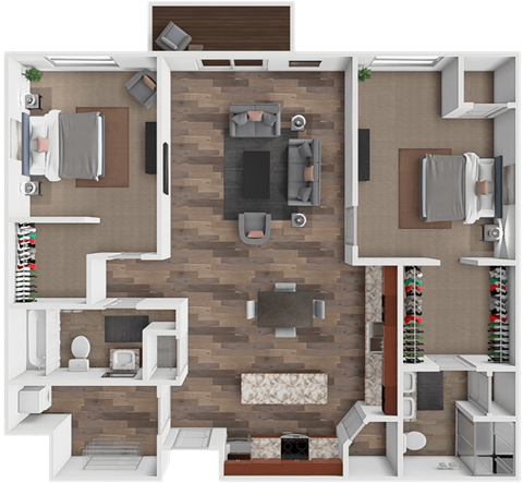 A top-down view of a living room with a fireplace, couches, and a TV.