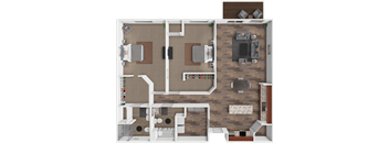 A top-down view of a room with a couch, chairs, a table, and a TV.