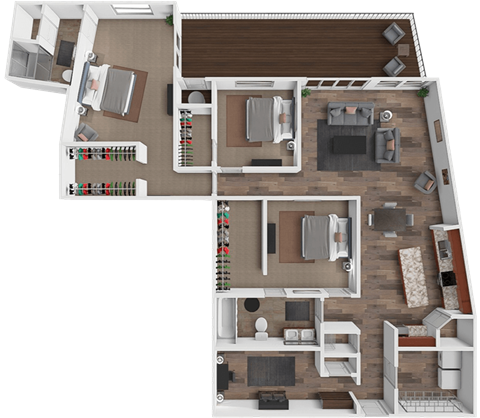 A detailed 3D floor plan of a two-story residential house.
